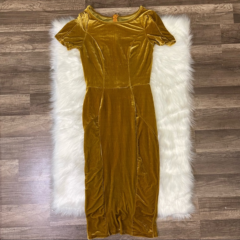 Mustard Yellow Velvet Midi Dress
